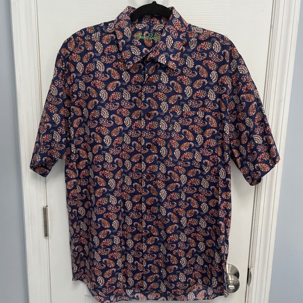 Alan Flusser Shirt L Men’s Paisley Blue Button Down Short Sleeve 100% Cotton